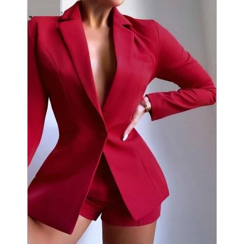 Elegant Solid Blazer Single Button Coats & Shorts Autumn Ladies Turn-down Collar Two Piece Sets Women Casual Long Sleeve Suits