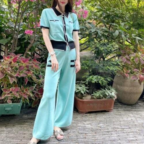 New Fashion Knitted Two Piece Set Women Summer Lapel Short Sleeve Patchwork Cardigan Tops + Wide Leg Pants Womens Suit