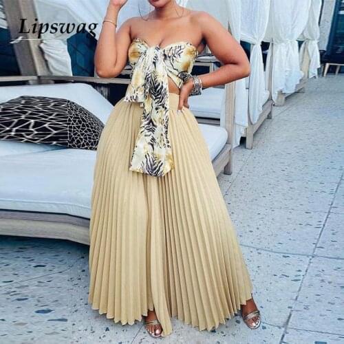 2021 Sexy Tie-Up Bandeau Strapless Crop Tops And Pleated Skirt Suit Elegant Loose Women 2 Piece Set Summer Fashion Dress Outfits