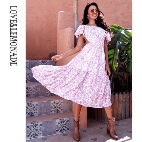 LOVE&LEMONADE Sexy Round Neck Open Back Cross A-Line Pink Print Midi Dress MD02207