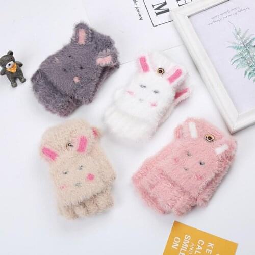 Girls Winter Cute Warm Gloves Knitted Woolen Thickened Office Student Writing Half-finger Cute Bunny Clamshell Plush Gloves