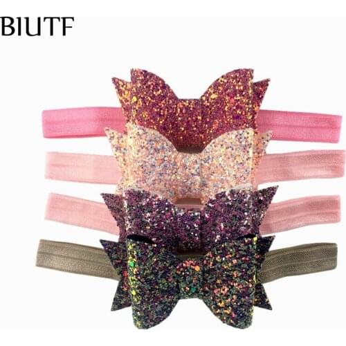 15pcs/lot Elastic Ribbon Headband with 3.5*2.2 inch Wide Glitter Leather Bow Kids Chic Hairband Photo Props HB056