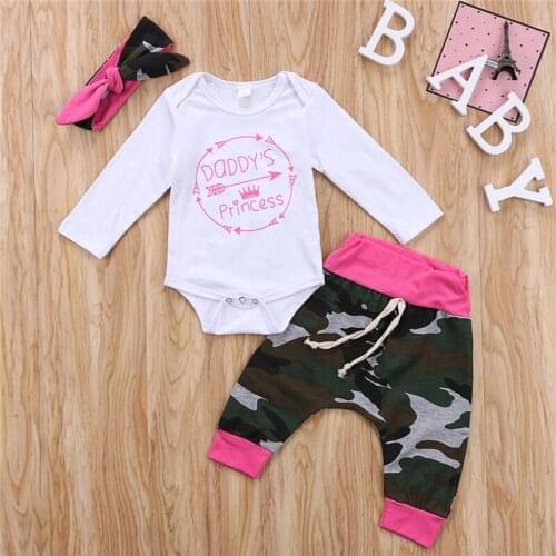 Infant Toddler Baby Girl Fashion LongSleeve Top Romper Camouflage T-shirt +Long Pants +Headband 3Pcs Outfits Set