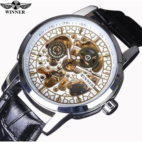 Winner Classic Retro Design Transparent Golden Case Back Mens Watches Top Brand Luxury Automatic Male Mechanical Skeleton Watch