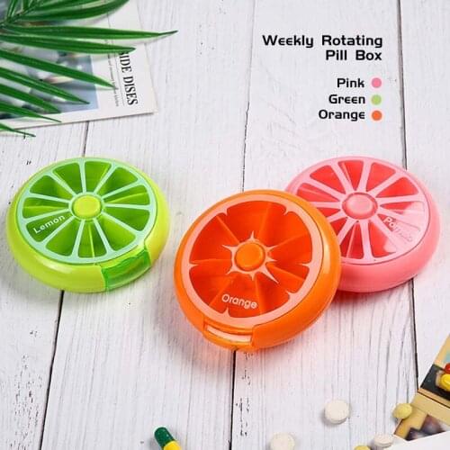 Weekly Pill Travel Medicine Box Dispenser Portable Round Shape Small Medicine Pill Box Rotating 7 Days Pill Container Splitter