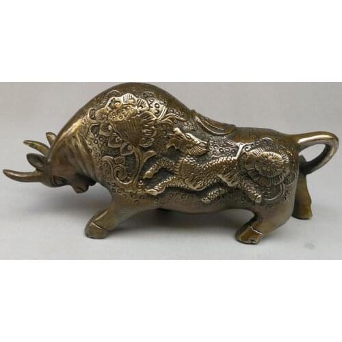 CHINESE OLD BRASS HANDWORK CARVING BULLFIGHT COW WEAR DRAGON LOTUS STATUE