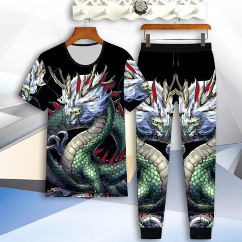 3D dragon print mens casual suit summer short-sleeved T-shirt + trousers 2-piece trend Chinese style blue dragon mens clothing