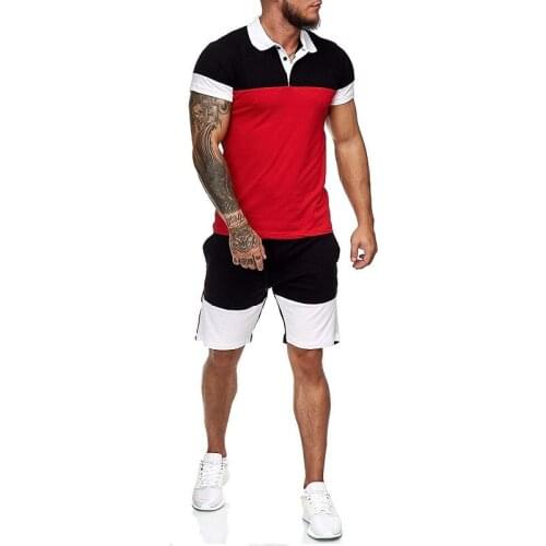 Color-blocking Stitching Sports Suit Mens Spring and Summer Lapel POLO Shirt Sports Shorts 2-piece Set Two Piece Set Summer