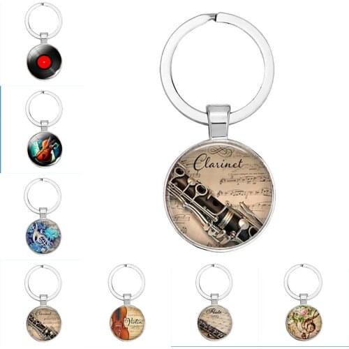 Musical Instruments Clarinet Guitar Flute Violin Music Keychain Pendant Musical Note Keychain Keyring Music Glass Dome Jewelry
