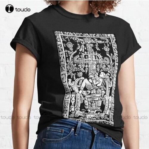New Ancient Astronaut. Pakal Maya Sarcophagus Lid In Black & White. Classic T-Shirt Cotton Tee Shirt