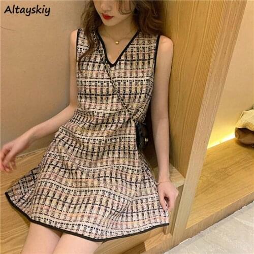 Sleeveless Dress Women Summer Holiday Print V-neck French Style All-match Lady Comfortable Mini Sundress Leisure Elegant Casual