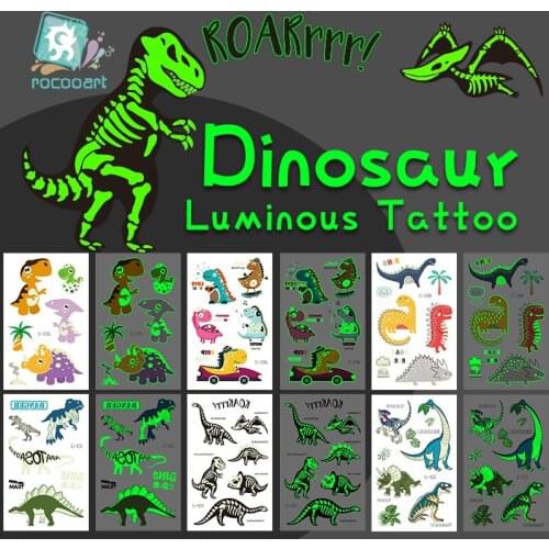 Rocooart Luminous Dinosaur Tattoo Stickers Cartoon Fun Glowing Temporary Tattoo on Face Arm Leg for Child Boy Body Art Fake Taty
