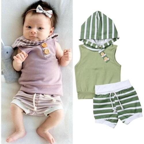 Infant Baby Girl Boy Hooded Stripe Tops Vest Short Pants Outfit Clothes 0-18month nuisex baby clothes hoody striped pattern