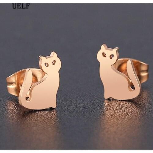 Uelf Stainless Steel Cute Cat Stud Earrings for Women Girls Minimalist Earings Jewelry Animal Gifts