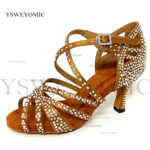2021 Spring Rhinestones Salsa Dance Shoes Meduim Heel 7cm Stable Suede Outsole Practise Bachata Latin Dancing Shoes Women