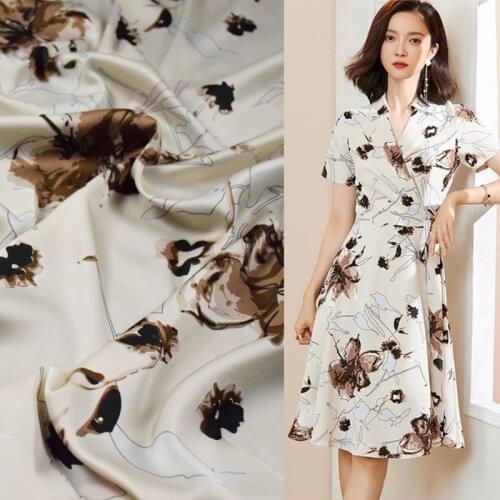 Half Meter High Grade Elegant Brown Big Flower Print Chiffon Fabric For Dress Shirt Cheongsam Ladys Garment Material CR-973