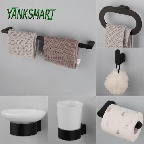 YANKSMART Bathroom Hardware Set Matte Black Wall Mounted Towel Bar Paper Holder Toothbrush Storage Rack Bathroom Accessories