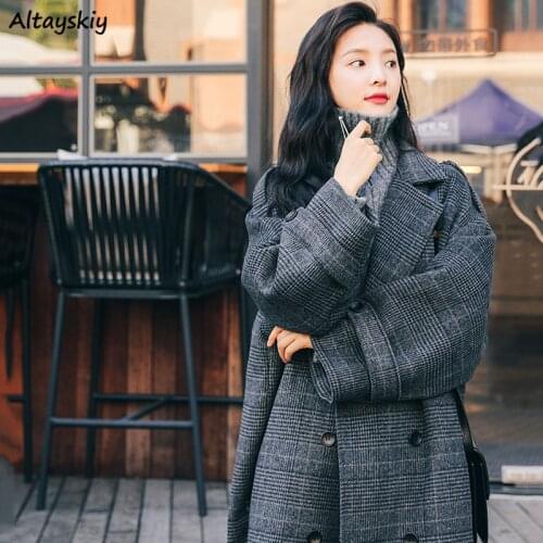 Wool Blends Women Loose Ankle-length New Arrivals Plaid Womens Korean Style Students Vintage Outwear High Quality Temperament