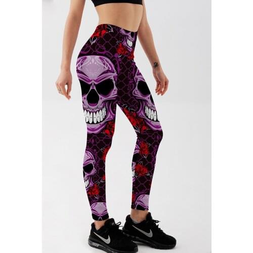 Qickitout Leggings Fitness 2017 New Arrival Womens Skull Purple Red Rose Leggings Stretch Digital Print Pencil Pants Trousers