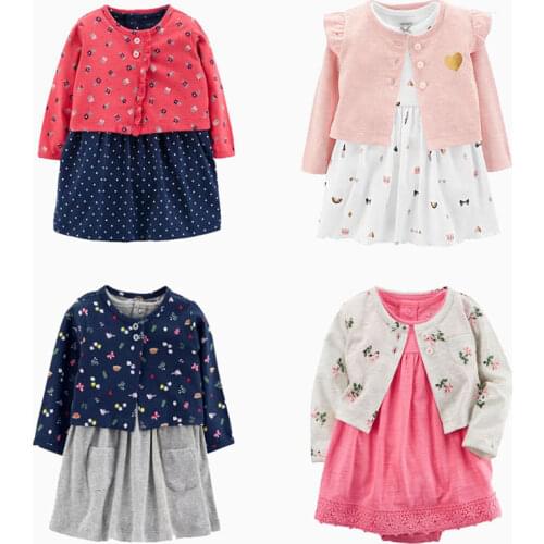 Floral Dress+Cartoon Tops 2pcs for Baby Infant Cotton Clothing Set 2021 Autumn Newrobn Unicorn Coat Kids Polka Dot Printed Dress
