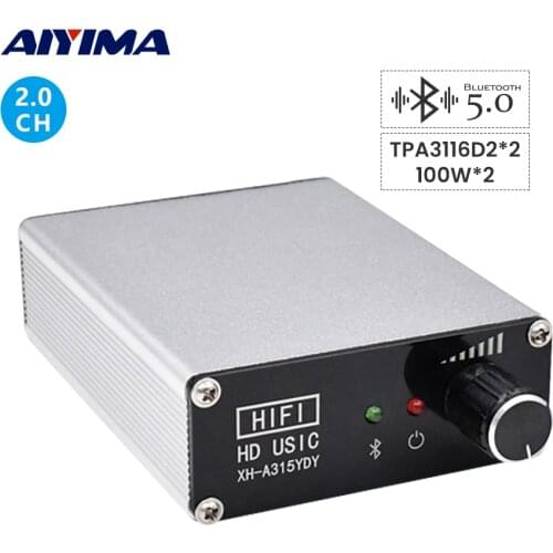 AIYIMA Bluetooth 5.0 Digital Power Amplifier 100Wx2 TPA3116D2 Hifi Stereo Sound Speaker Amplifier Home Audio Mini Amp DC12-24V