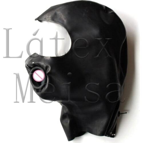 Black head Latex hoods open half face and with rolling mouth and attached back zip for adults