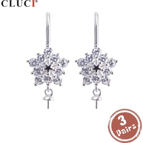 CLUCI 3 pair wholesale Silver 925 Snowflake Zircon Drop Earrings Pearl Mounting Jewelry 925 Sterling Silver Earrings SE054SB