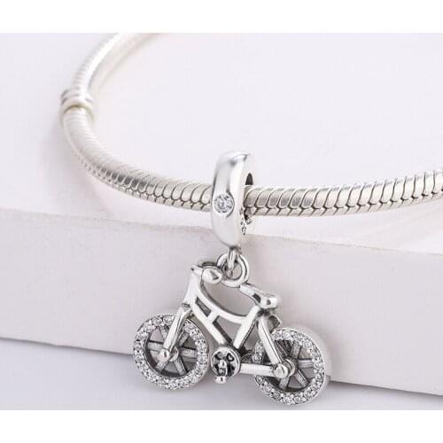 For Pandora 925 Sterling Silver White Zircon Gorgeous Bike Pendant Charm Bracelet Necklace DIY Fashion Jewelry Making