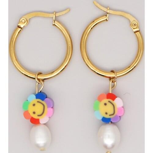Go2Boho Real Pearl Drop Earrings for Women Cute Smiley Jewelry 2021 Summer Dangle Earring Female Rainbow Flower Stainless Circle