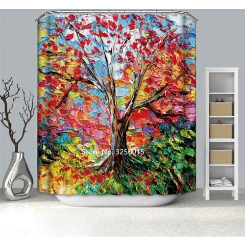 Oil Painting Big Tree Cartoon Pet Plant Fruit Shower Curtain Waterproof and Mildew Proof with Hook Adult Bathtub Decoration