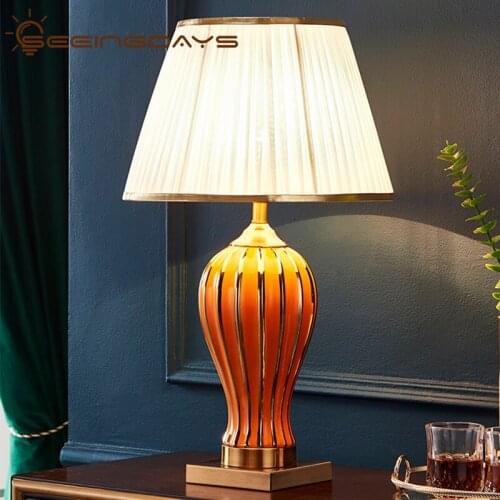 American-Style Orange and Golden Edge Ceramic Table Lamps for Living Room Luxury Bedroom Bedside Lamp Large Table Lamp