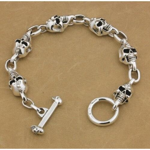 LINSION 925 Sterling Silver Handmade Skull Mens Boys Biker Rock Punk Bracelet 9N022