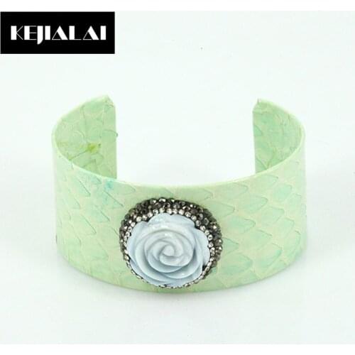Fashion Python Leather Bangle Natural Stone Flower Charm Snake Skin Pave with Rhinestone Open Cuff Adjustable Bracelet Best Gift