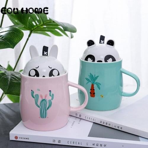 Cartoon Ceramic Mug with Lid Spoon Color Glaze Coffee Mug Student Couple Home Water Cups and Mugs Kids Breakfast Milk Juice Cup