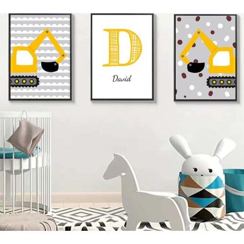 Cartoon Toy Excavators Art Canvas Print Boy Custom Name Poster Painting Nursery Wall Art Pictures Nordic Baby Kids Room Decor