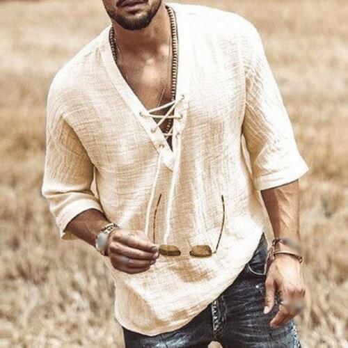 2021 Mens Cotton And Linen V Neck bandage T shirts Male Casual Middle Sleeve Summer Beach Loose Tee Tops Solid Color T Shirts