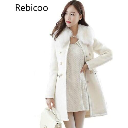 New Fashion Spring Coat Women Slim Wool blended Detachable Fur Collar Coat Winter Woollen Coat Women casaco feminino