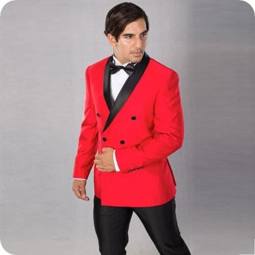 New Fashion Double Breasted Red Groom Tuxedos Groomsmen Shawl Lapel Mens Suits Blazers (Jacket+Pants+Tie) W:815