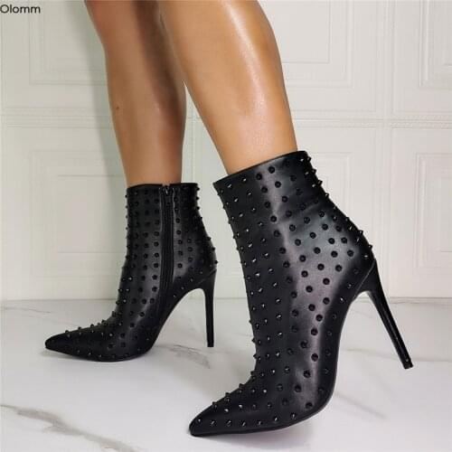 Olomm 2020 New Handmade Women Ankle Boots Studded Stiletto Heels Pointed Toe Super Sexy Night Club Shoes Women Plus US Size 5-15
