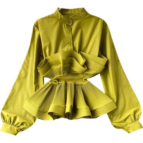 2021 Spring Women Ruffle Blouse Fashion O-Neck Long Sleeve Slim Shirt Casual Elastic Waist Shirts Streetwear Ladies Tops H1496