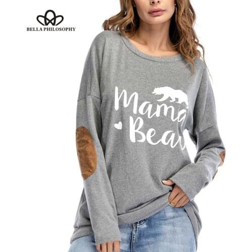 Bella Philosophy Female Elbow Patch Loose Tops Tee Shirt Letter Print Round Neck Casual Top Color Block Long Sleeve T-Shirt