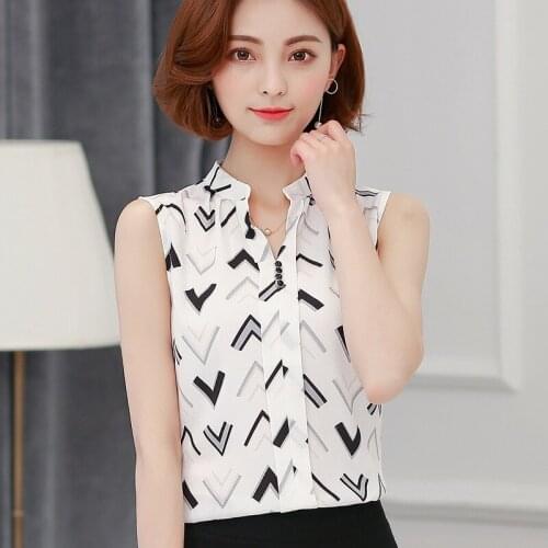 Women Chiffon Shirt Female Summer Sleeveless Stand Collar Blouse Office Ladies Fashion Work Top Slim Bottom Shirts Clothes H9036