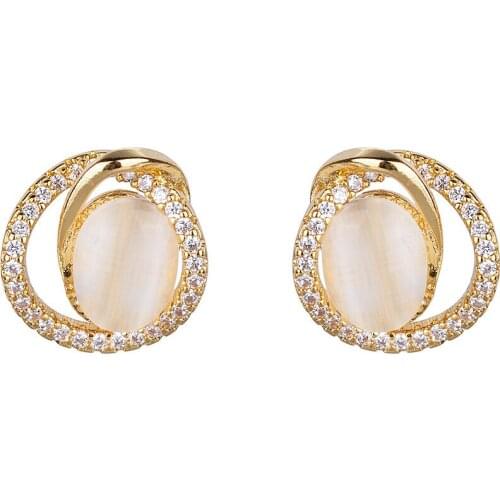 Fashion cute opal crystal cats eye gemstones diamonds stud earrings for women girl gold color vintage jewelry accessories gifts