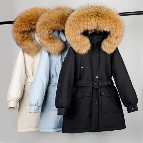 2021 Large Real Raccoon Fur Collar Mid Length Down Jacket Women Winter 90 White Duck Parka Warm Loose Thickness Sash Tie Up Coat