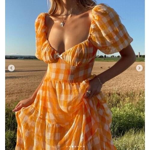 Women Plaid Ruffles Hem Maxi Bodycon Dress Short Puff Sleeve Backless Lace-up Long Dress Sexy Summer Beach Vacation Outfits
