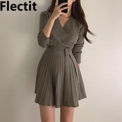 Flectit Women Wrap Knitted Dress Tie Waist Long Sleeve V-Neck Pleated Mini Dress Fall Winter Korean Fashion Knitwear