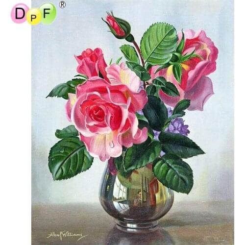 DPF 5D Round full Diamond Embroidery Needlework pink rose vase Diamond painting Cross Stitch gift diamond Mosaic decor crafts
