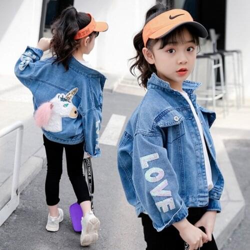 Girls Denim Jacket Coats 2020 New Brand Spring Kids Jackets Clothes Cartoon Unicorn Sequins Outerwear Children Autumn Clothing