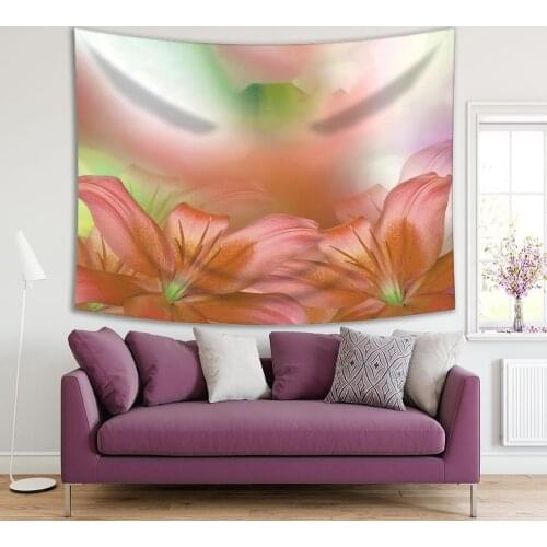Tapestry Lily Flowers Bouquet on Becomes Blurred Background Nature Floral Composition Artwork Green Pink