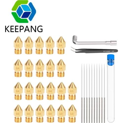 Kee Pang MK8 Nozzle Kit 22pcs MK8 Nozzles 10pcs 0.35mm Cleaning Needles Drill Bits L wrench PtESD-15 tweezers 3D printer Parts